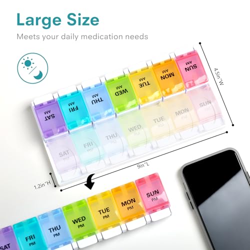 Image of Sukuos AM PM Weekly 7 Day Pill Organizer, 2 Times A Day Pill Box with Arthritis Friendly Push Button, Medicine Cases for Vitamin /Fish Oil /Supplements, Easy to Clean (Cyan&Blue)