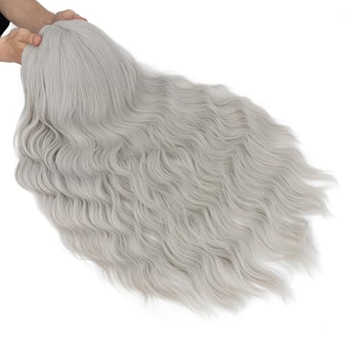Image of S-noilite Long Grey Cosplay Wig for Women 27 inch Curly Wavy Middle Part Wig Heat Resistant Synthetic Hair Halloween Costume Party Daily Use Colorful Wigs