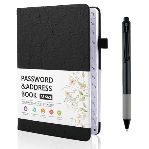 Deepton Password libro, password rubrica con registro A-Z, taccuino con registro A5, organizzatore per siti web, nomi utente e password, spazio per 480 password, con penne gel, nero