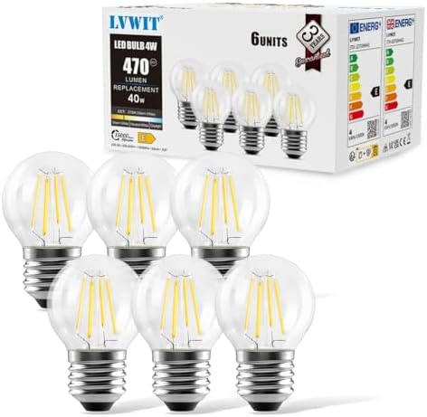LVWIT 4W G45 E27 LED Filament Golfball Bulb, 6 Pack, 470Lm 40W Replacement, Non-dimmable, Warm White 2700K 80Ra, LED Vintage Glass Mini Globe Bulb