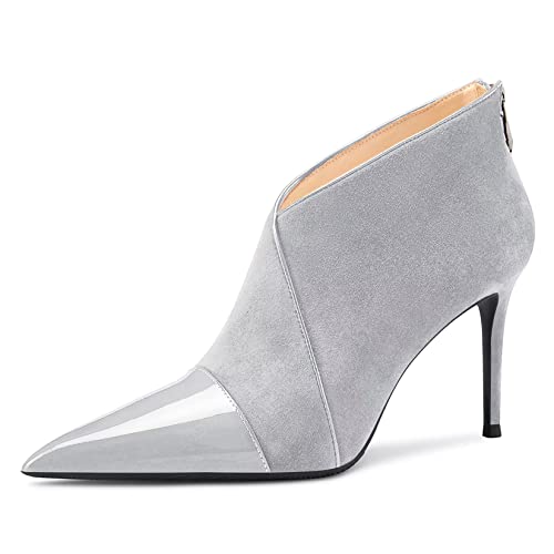CASTAMERE Damen Stiletto Hoher High Absatz Heel Spitze Zehenkappe Stiefeletten Reißverschluss Slip-on Party Büroschuhe Dress Stiefel Grau Wildleder 39 EU Cover