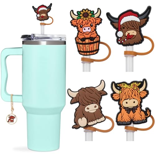 Highland Cow Straw Topper - 4Pcs Straw Cover 10mm (0.4in) w 1x Keychain Cute For Stanley Cup, Highland Cow Accessories, Silicone Cover Topper Highland Cow Gifts For Women, Kids, Girls