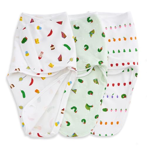 Image of aden + anais Essentials Easy Swaddle Wrap Quick Change with Bottom Zipper, Snug Cotton Knit Baby Wrap Swaddle Blanket for Newborns, TOG 1.0, 3-Pack, Very Hungry Caterpillar, 0-3 Months, Small /Medium