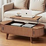 Pruchant Oval Lift Top Coffee Table with Storage, 47.2' Mid Century Modern Living Room Center Table with 180° Sliding Tambour Door, Wood Fluted Coffee Table for Home Office, Walnut