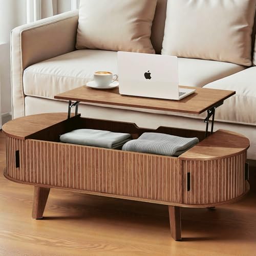 Pruchant Oval Lift Top Coffee Table with Storage, 47.2' Mid Century Modern Living Room Center Table with 180° Sliding Tambour Door, Wood Fluted Coffee Table for Home Office, Walnut