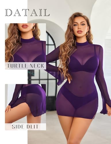 Image of Avidlove Mesh Mini Dresses for Women Bell Sleeves Bodycon Turtle Neck Split Lingerie Dress Vacation Party Outfits Clubwear