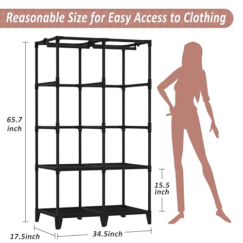 Wardrobe Closet, Quick and Easy Assembly, Black Portable Closet with 2 Hanging Rods 4 Storage Shelves and 8 Side Pockets, Sturdy and Stable Clothes Rack with Cover, for Bedroom and Dormitory - Image 4
