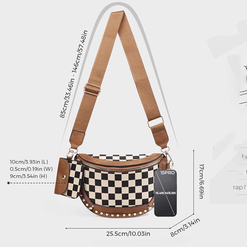 Checkered Crossbody Bag Studded Checkerboard Crossbody Bum Bag Alt Crescent Saddle Purse Studded Half Moon Handbag with Pouch4
