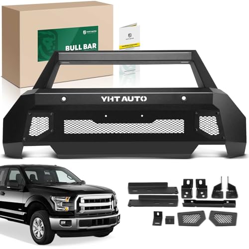 Image of YHTAUTO Bull Bar Push Bar with Skid Plate Light Mount Fit Ford F-150 2021-2023, Carbon Steel Brush Guard for Truck Front Bumper Textured Black Off Road Accessories