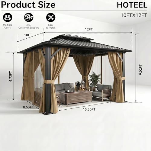 Image of HOTEEL 10x12 Hardtop Gazebo On Clearance with Galvanized Steel Double Roof,Heavy Duty Gazebo with Flame-Retardant Curtain & Netting, Aluminum Frame Outdoor Canopy for Patio, Party, Brown