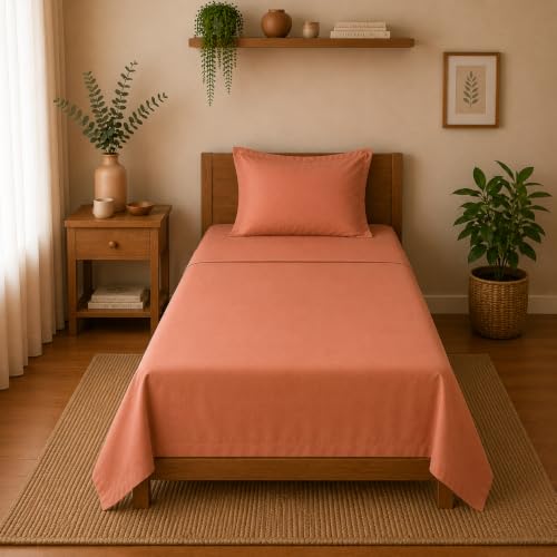 Image of Linen Home Cotton Percale Flat Bedsheet Set Single Size Tera Clay