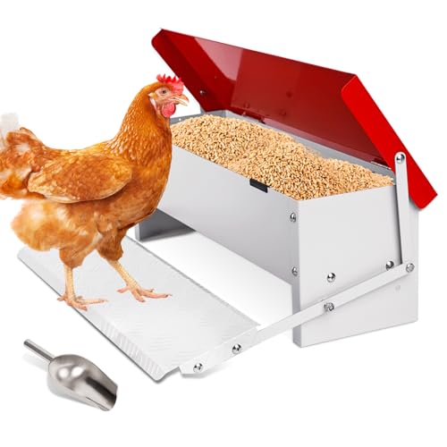 Comedero Automático para Gallinas, 7 Kg Metal con Pala de Acero Inoxidable, Comedero de Patos Para Exteriores, Sin Desperdicios con Tapa Resistente a la Intemperie para 6-12 Gallinas