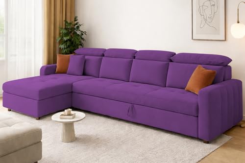 Image of Casaliving Gagnon LHS 6 Seater L Shape Corner Sofa Cum Bed for Living Room (Purple Fabric) Premium Fabric Sofa