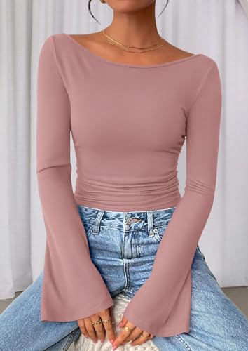 Image of PRETTYGARDEN Women Long Sleeve Shirt 2025 Crop Casual Boat Neck Bell Sleeve Ribbed Ruched Y2K Clothing