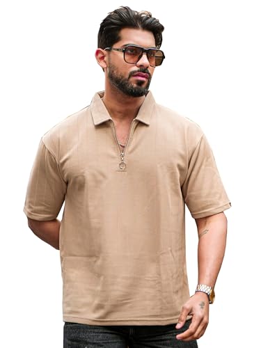 Image of Maniac || Mens || Textured || Polo Neck || 3 /4th Sleeve || Half Zipper || Cotton || T-Shirt