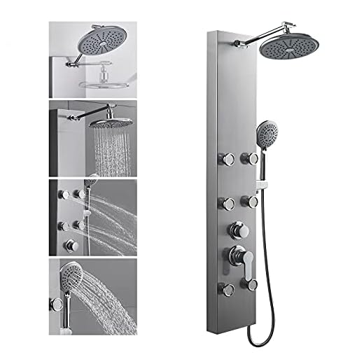 ROVOGO 304 Stainless Steel Shower Panels System with 8-inch Rainfall Shower, 6 Body Jets and 5-Setting Handheld Shower Wand, Shower Tower with Adjustable Head, Brushed