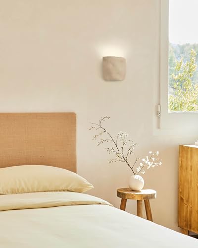 HANNUN Aplique de Pared Emilio Cerámica Artesanal Color Blanco 16x14cm - Lámpara Decorativa Hecha a Mano sin Moldes - Iluminación Interior y Exterior Cubierto - Pieza Única Hecha en Europa