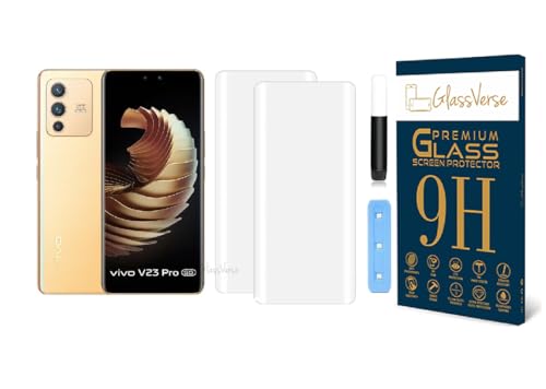 Image of GlassVerse Vivo V23 Pro UV Tempered Glass Screen Protector. Pack Of 2 | 3D Curved Edge | 9H Hardness | Full UV Glue with UV Light | Anti-Scratch | Case Friendly | HD Clear. (6.56 Inches)