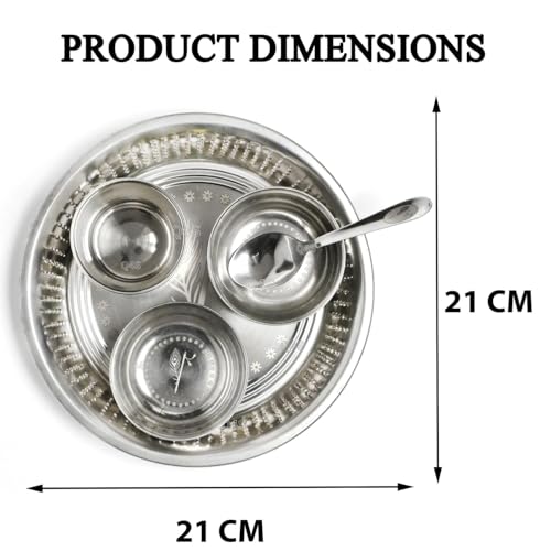 Image of Ladoo Gopal Ji Thali Set, Pooja Thali Set, Kanha Ji Bhog Thali, Bhog Bartan for Puja /Bhog Thali Set with Glass, 2 Bowl and Spoon | Morpankh Kanha Bansuri Print Bog thali Set of 5