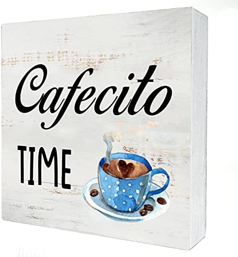 Cafecito Time Wood Box Sign Home Decor Rustic Kitchen Coffee Quote Wooden Box Sign Block Plaque for Wall Tabletop Desk Home Kitchen Decoration 5" x 5"