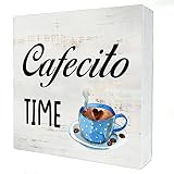 Cafecito Time Wood Box Sign Home Decor Rustic Kitchen Coffee Quote Wooden Box Sign Block Plaque for
