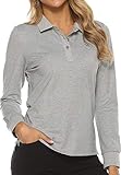 Women's Golf Polo Shirts Long Sleeve Sports Athletic Shirts Performance Tennis Tops Fitness Workout Leisure T-Shirt with Buttons Grey