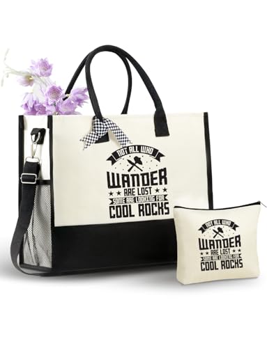 InnoBeta Rock Collector Gifts Canvas Tote Bag for Women with Top Zipper Closure and Shoulder Strap, Funny Geologist Gifts for Stone Lovers