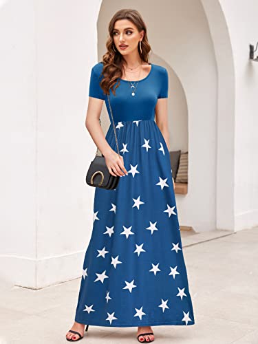 Womens Independence Day Maxi Dresses 4Th Of July Casual Summer Short Sleeve Stars Print Long Dress With Pockets (White Blue Stars, Medium) #TOP5