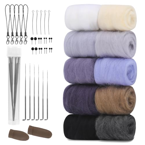 ZXIIXZ 100 g Nadelfilzwolle, 10 Farben, Filzwolle mit Filznadeln, Wollgarn zum Filzen, Filzwolle, verschiedene Farben in dunkler Serie, Rovingwolle zum Nadelfilzen für Wollhandwerk