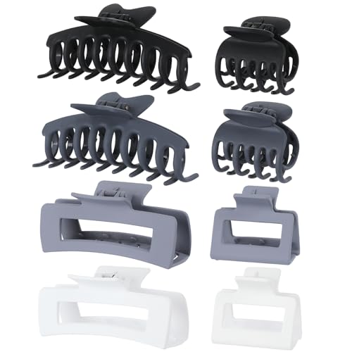 Sisiaipu 8 Pcs Large Claw Clips for Thick Hair, Medium Claw Clips, Small Clips for Thin Hair, Rectangle Square Butterfly Clips for Women - 4 Style Accessories (Grey)