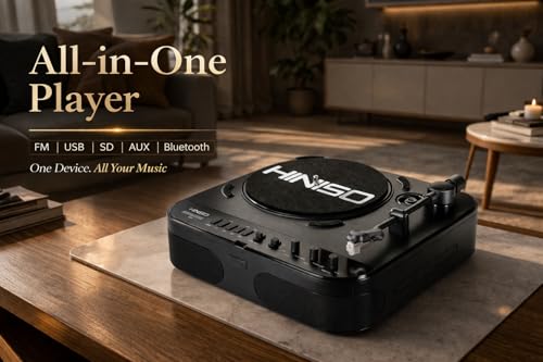 Image of HINISO T501 Bluetooth Vinyl Record Player with Moving Magnet Cartridge & Diamond Stylus, Dual Bluetooth (in & Out), 3-Speed Turntable (33 /45 /78 RPM), Vinyl to MP3 Recorder, USB /SD, FM, RCA & AUX