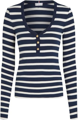 Tommy Hilfiger Damen Langarmshirt Slim Henley mit Knopfleiste, Mehrfarbig (Dark Night Navy/Calico STP), XXL – Ansicht 5