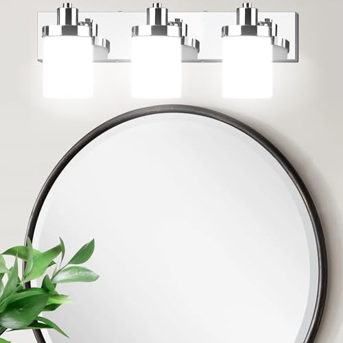 ROOAUG Bathroom Vanity Light,3 Lights Chrome Stainless Steel Metal Li.GHT Fixture with Frosted White...
