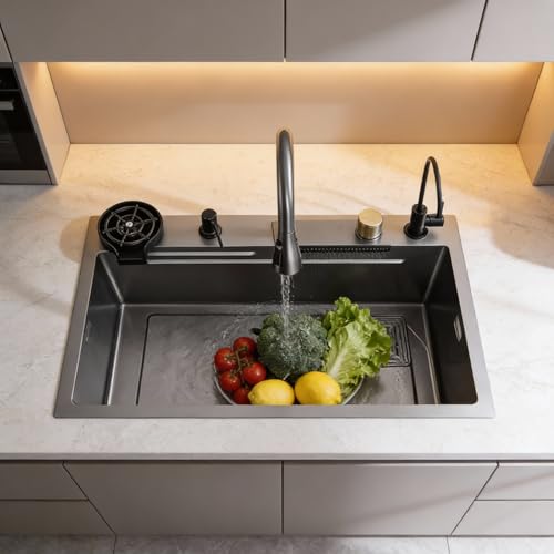 Image of WALLACE 304 Grade Black Single Bowl Multifunction Kitchen Sink 30x18x10 inches | Stainless Steel Workstation Sink with Integrated Waterfall Cup Washer Drain Basket RO Tap & Pull Down Faucet