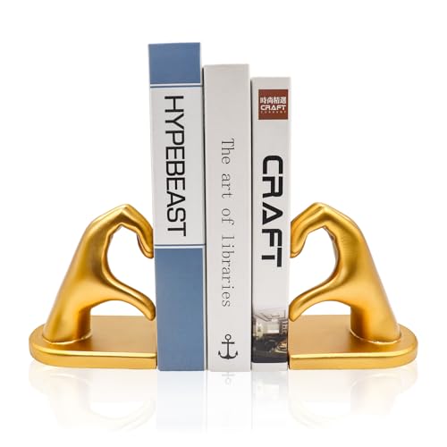 Gold Heart Hands Bookends, Resin Golden Modern Abstract Love Finger Decorative Bookends for Shelves, Book Holders, Decor for Shelves Study Office Desk Bedroom Table 9.8 × 3.7 × 5.5 Inch