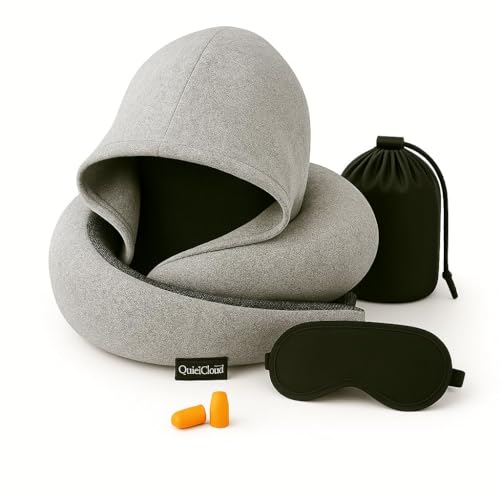 Travel Neck Pillow with Hood, Eye Mask & Earplugs