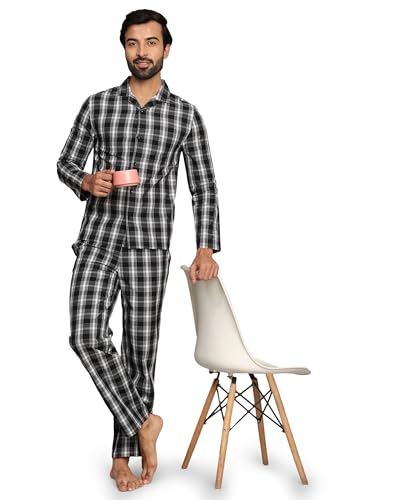 Image of B STORIES Men's 100% Cotton Full Sleeve PJ Set - Checkered Nightwear Set | Soft Loungewear | Comfortable Sleepwear | Stylish Casual Home Wear Shirt & Pant (S-XXL)