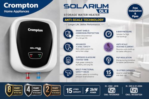 Image of Crompton Solarium DLX 15L Storage Water Heater | 2000W Heating | Glass Lined Tank | Smart Shield Corrosion Protection | 3-Level Safety | White