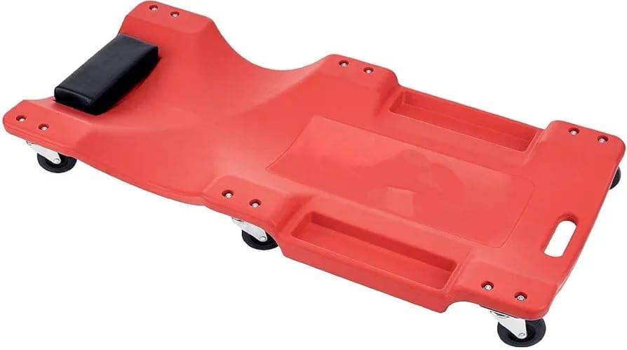Hetkrishi TRP6240 Torin Blow Molded Plastic Rolling Garage/Shop Creeper: 40" Mechanic Cart with Padded Headrest, Dual Tool Trays and 6 Casters, Red