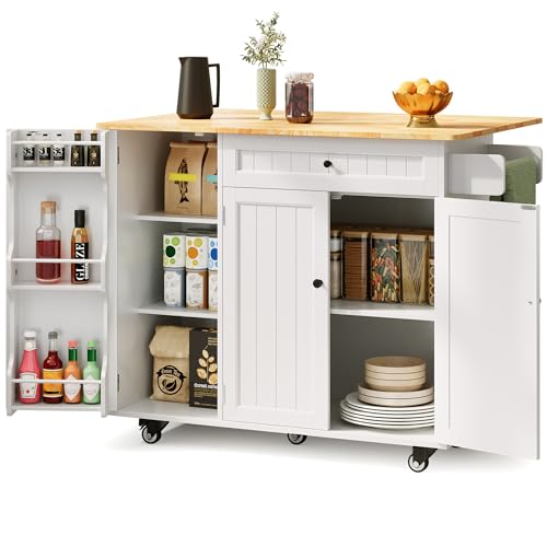 Xbro Isla Cocina con Ruedas, Mueble Auxiliar Cocina con Tablero Abatible, 1 Cajón y Estante, Isla de Cocina Compacta y Versátil, 130 x 75 x 88 cm, Blance