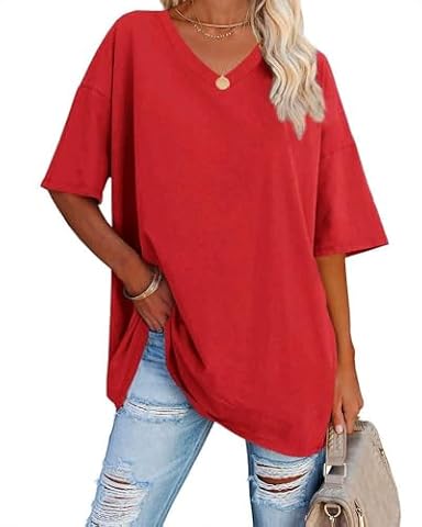Ebifin Damska koszulka oversize, dekolt w serek, z krótkim rękawem, luźna, basic, na lato, na lato., czerwony, 3XL