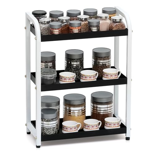 Image of Livzing Metal 3 Tier Spice Rack for Kitchen Space Saving Countertop Storage Racks Cosmetics Organizer Kitchen Shelf Bathroom Organizer Stand Multipurpose Tiered Shelves With Plastic Hooks - White
