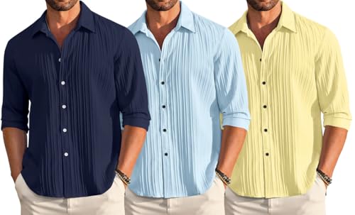 Image of FINIVO FASHION Combo of Men's Casual Cotton Plain Button Down Shirt Long Sleeve Textured Summer Beach Shirt for Men Pack of 3
