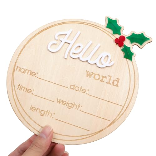 Image of Wooden inchHello World inch Baby Announcement Board - Newborn Birth Sign, Baby Shower Decor, Hospital Nursery Information Board, Baby Milestone Photo Prop, Gender Neutral Keepsake (Holly Berries Christmas)