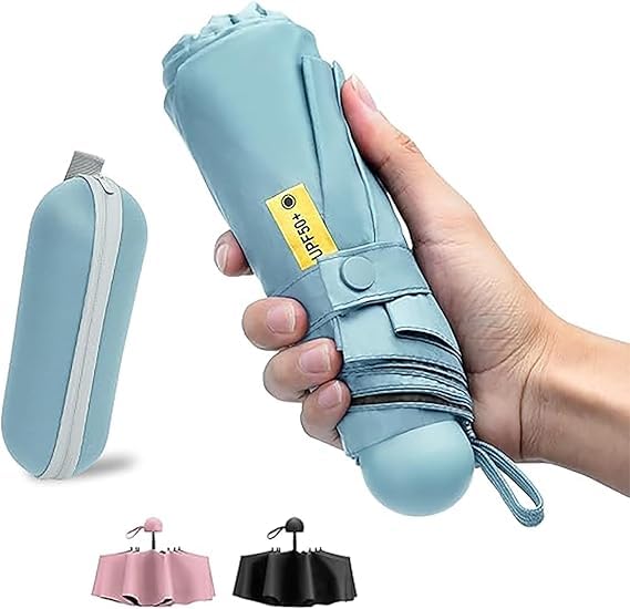 Guarda chuva de Bolso Ultra Compacto e Versátil – Mini Guarda-chuva Dobrável com Proteção UV, Leve e Portátil – Inclui Estojo Estilo Cápsula para Chuva e Sol (Azul Claro)