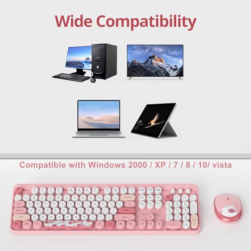 Image of Fogruaden Wireless Keyboard and Mouse Combo, Pink Retro Typewriter Keyboard, 2.4GHz Full Size Round Keycap Cute Computer Keyboard with Number Pad, Pink Colorful Keyboard for Windows PC Laptop(Pink)