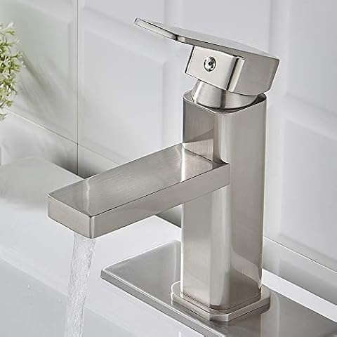 VOTON Brushed Nickel Bathroom Faucet Single Hole,Modern Square Single Handle Bathroom Sink Washbasin Vanity Sink Faucet with Deck Cover