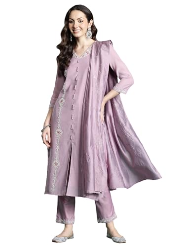 Image of INDO ERA Women's Straight Silk Blend Floral Printed Embroidered Kurta & Pant with Dupatta Set (KH9LV11382)