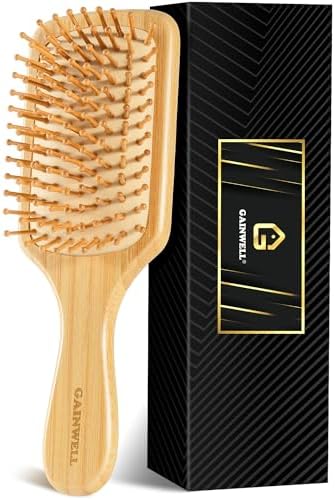 Bamboo Hair Brush for Hair Growth, Natural Bamboo Bristles Detangling Square Wooden Paddle Hairbrush for Massaging Scalp, for Women Men and Kids, for All Hair Types, with Ergonomic Handle