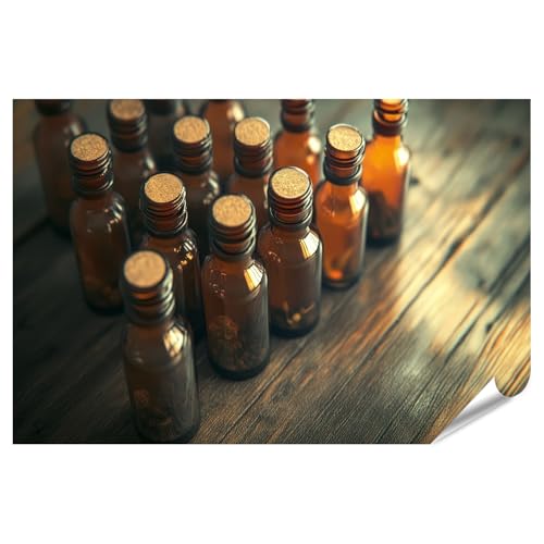 islandburner Poster XXL - Bouteilles de pharmacie vintage sur table en bois pour les amateurs de cuisine et de restaurant - Impression photo de qualité supérieure